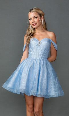 A woman models the Dancing Queen 3425 Short Prom Dress—light blue, off-the-shoulder with a sparkly fitted bodice and flared skirt—against a plain gray background.