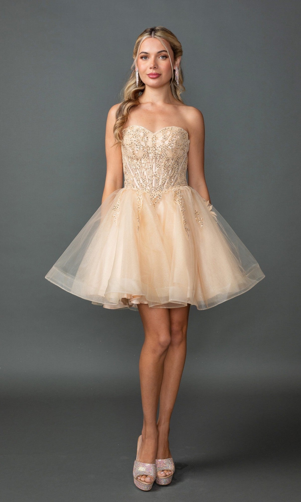poofy homecoming dresses Short Champagne Dress with Lace-Up Back Champagne / Medium Color:Magenta Kink Design size strapless short champagne Gorgeous One Shoulder Lace