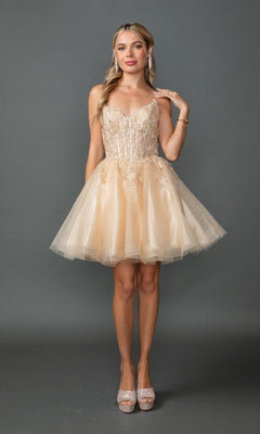 A woman stands against a gray background wearing the Dancing Queen 3431 short homecoming dress in champagne, featuring a cream-colored lace embroidered corset bodice and an elegant tulle A-line skirt, paired with high heels.