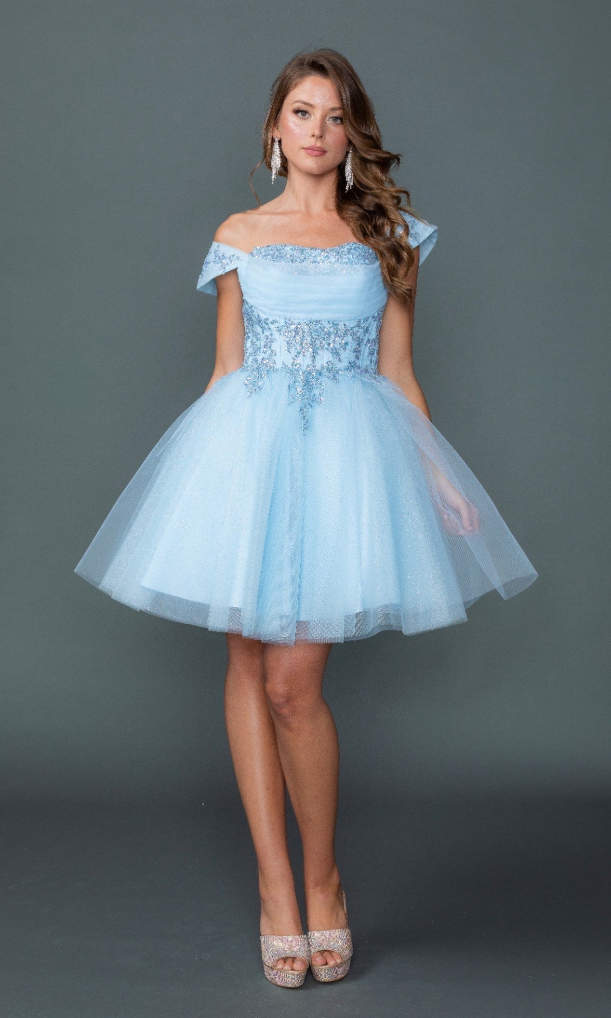 Off-Shoulder Short Homecoming Dress with Glitter – PromGirl