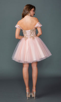 A woman stands with her back to the camera in the Dancing Queen 3433 short homecoming dress, showcasing its off-the-shoulder design, gold detailing, and embroidered corset bodice, paired with high heels against a plain gray background.