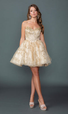 A woman stands against a gray backdrop wearing the Short Homecoming Dress: Dancing Queen 3436 in champagne, featuring a strapless sweetheart neckline, lace details, and a short babydoll silhouette, styled with sparkling high heels and drop earrings.