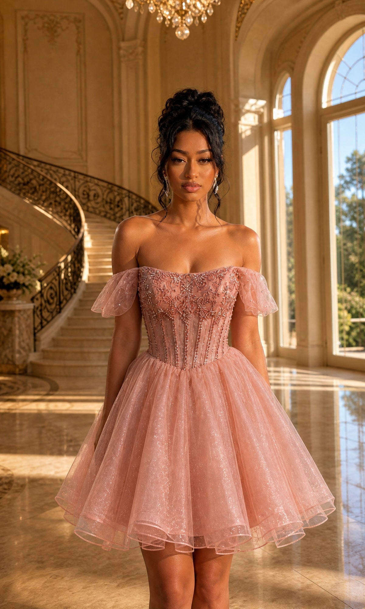 A woman in a rose gold, off-the-shoulder glitter tulle short homecoming dress (Dancing Queen 3439) stands in an elegant hall with large windows, a marble floor, and a curved staircase in the background.