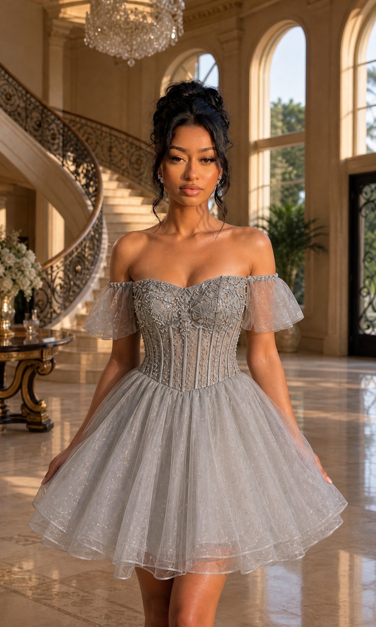 A woman stands in an elegant room with large windows and a curved staircase, wearing the Short Homecoming Dress: Dancing Queen 3439 in shimmering silver—a sparkly, off-shoulder mini dress featuring beaded corset detailing and glitter tulle sleeves.