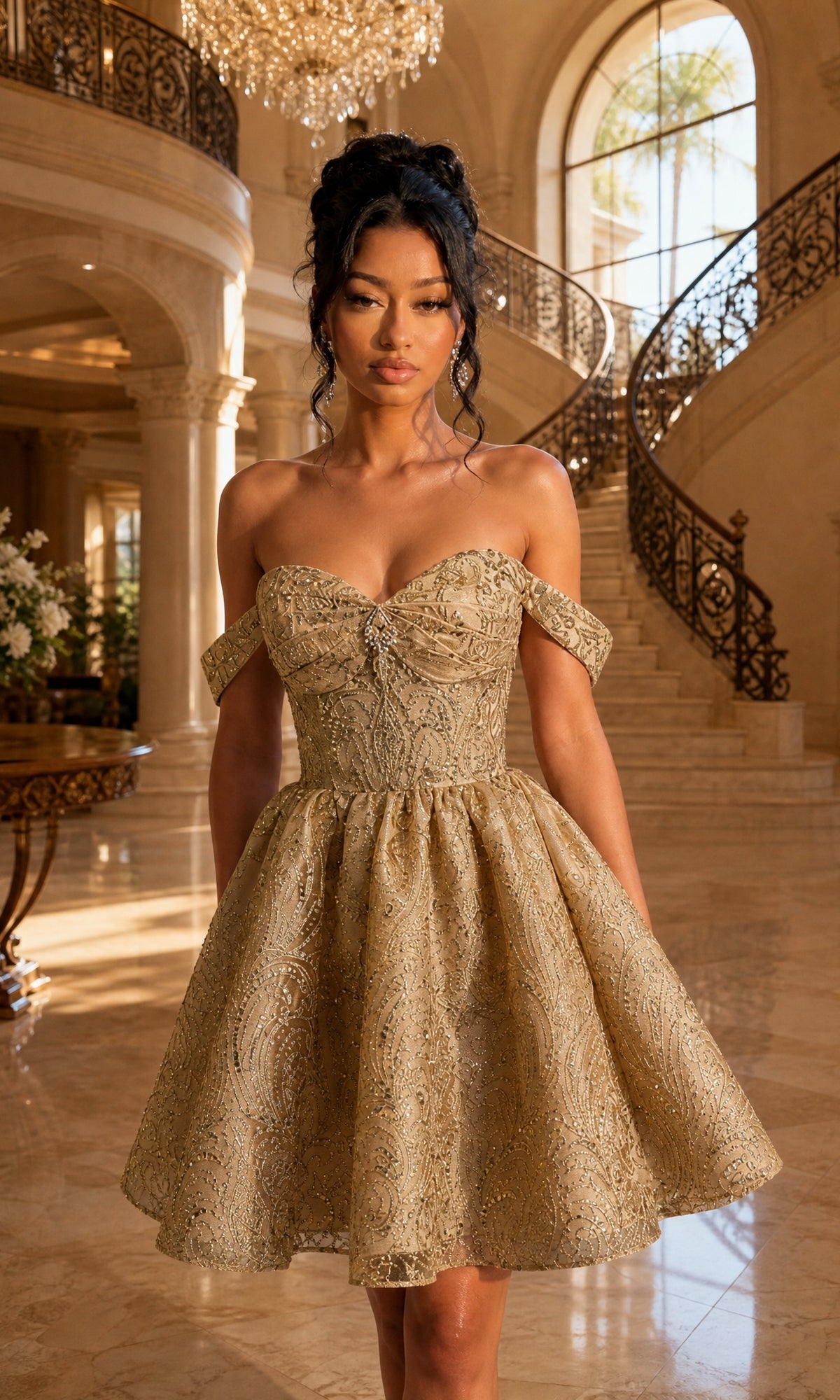 A woman stands in a grand marble foyer, framed by a curved staircase and large windows, wearing the Short Homecoming Dress: Dancing Queen 3440 in champagne—a stunning babydoll dress with ornate gold detailing, an off-the-shoulder neckline, and a structured corset bodice.