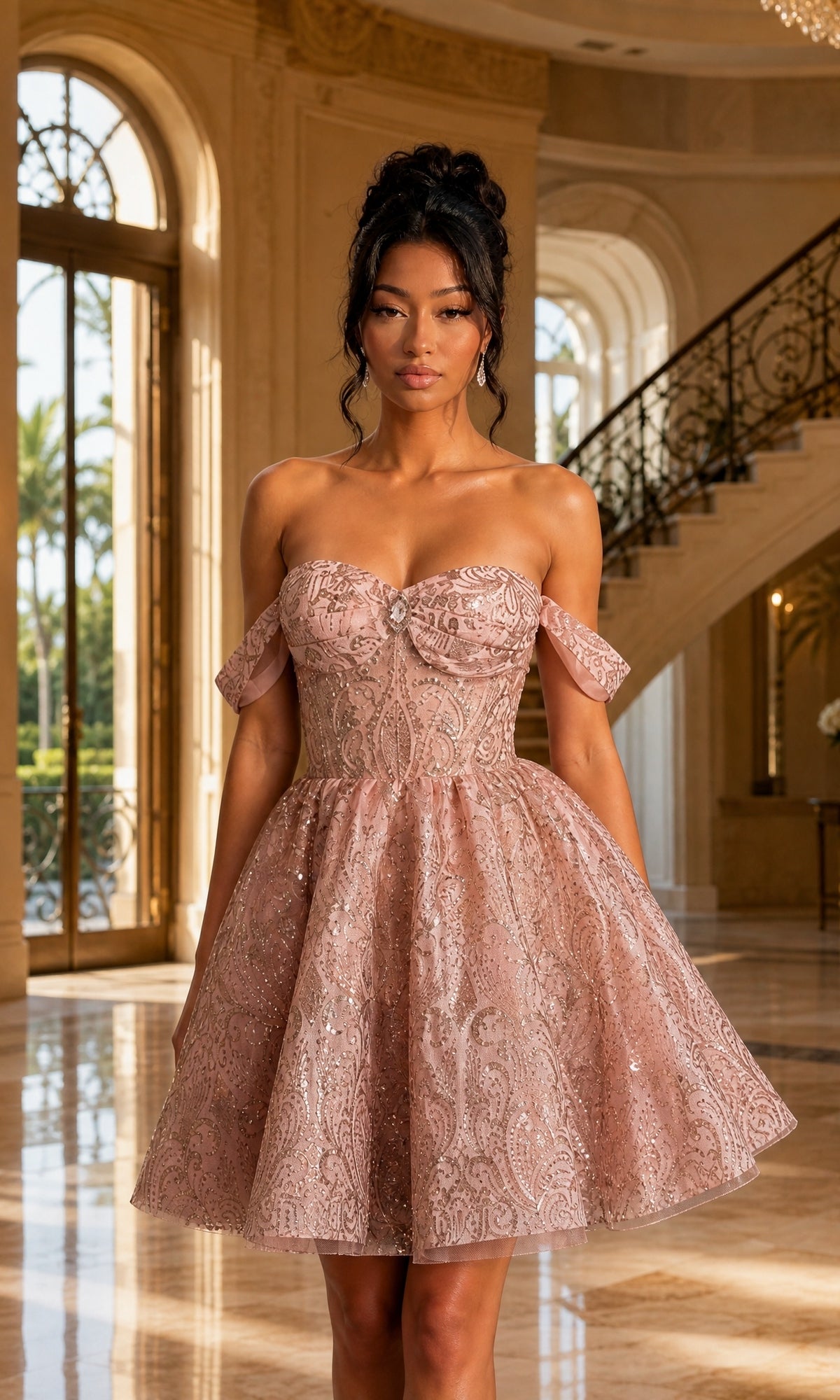 A woman in the Dancing Queen 3440 short homecoming dress, featuring a strapless, rose gold sequined babydoll design, stands indoors near large windows and a staircase.
