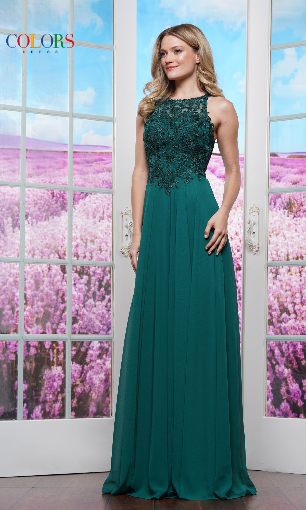 Embroidered-Bodice Long Prom Dress with High Neck
