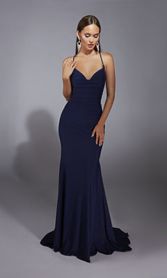 Strappy-Back Long Prom Dress with Cowl Neckline Navy / 20