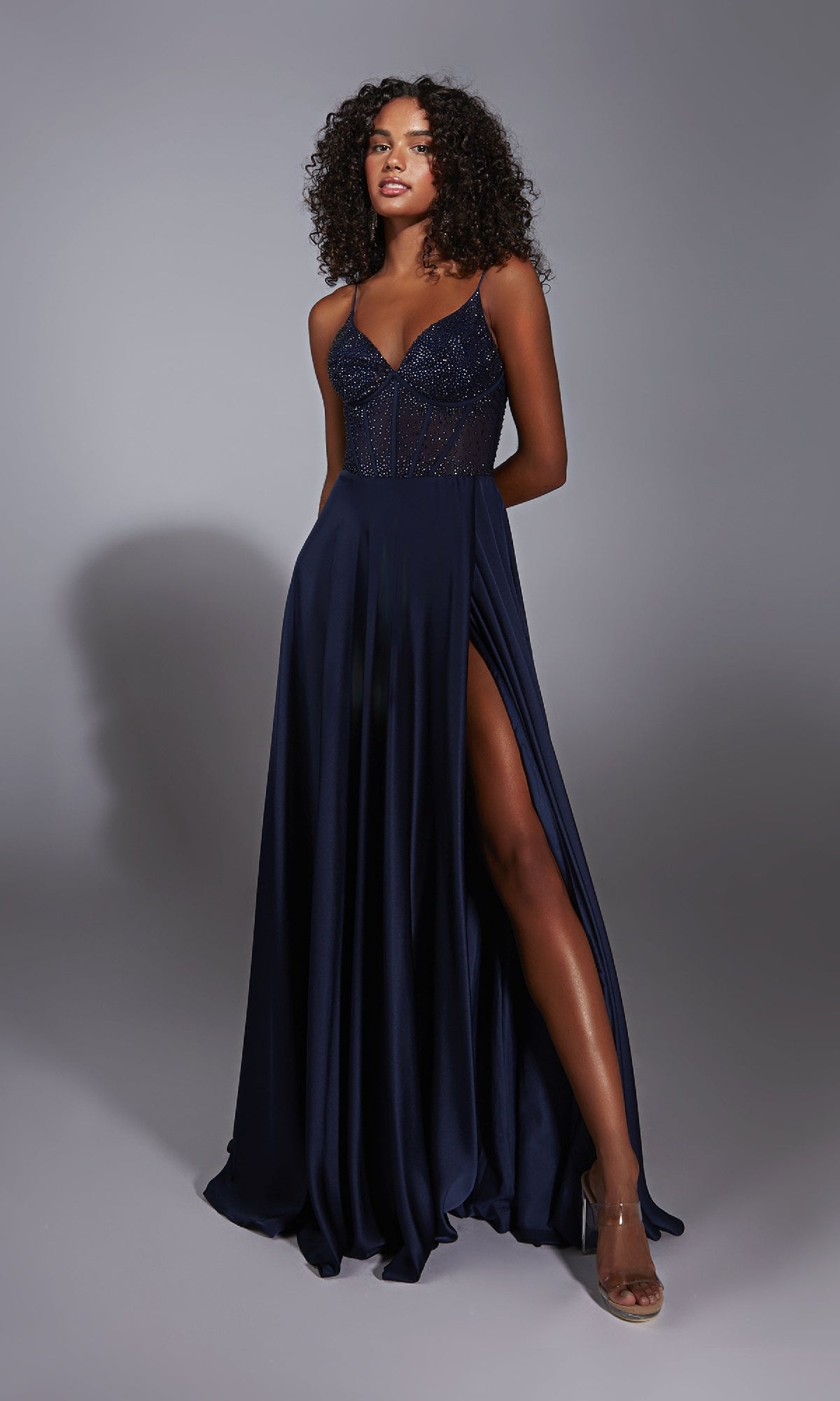 navy blue rhinestone dress Aerie Couture 348 Sheer-Bodice A-Line Prom Dress Black / 20