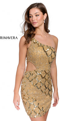 A woman models the Sequin One-Shoulder Short Homecoming Dress 3504 in gold, featuring side cutouts and sequins, against a plain white background. The word "PRIMAVERA" is displayed on the left.