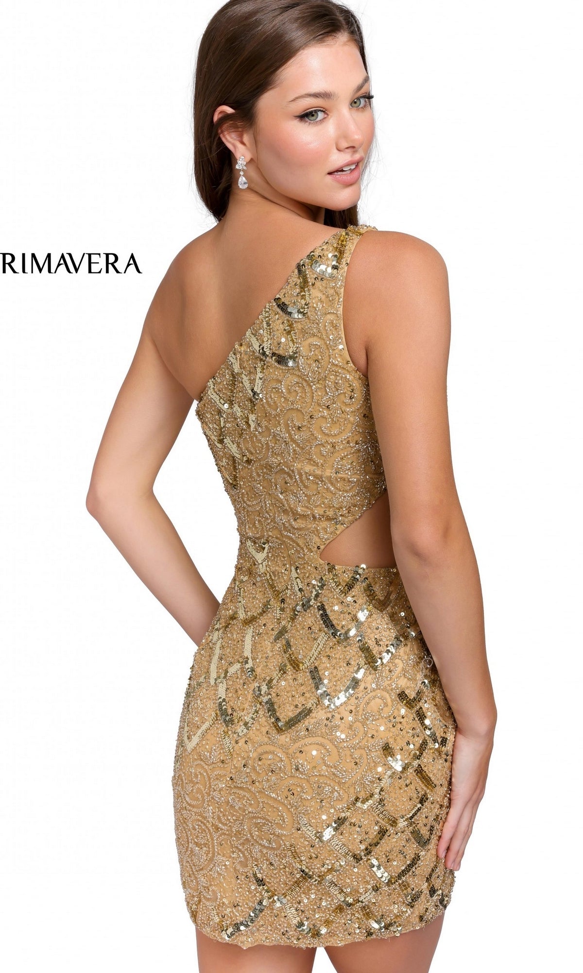 A woman in the Sequin One-Shoulder Short Homecoming Dress 3504, featuring gold sequins and cutout details, stands with her back turned, looking over her shoulder.