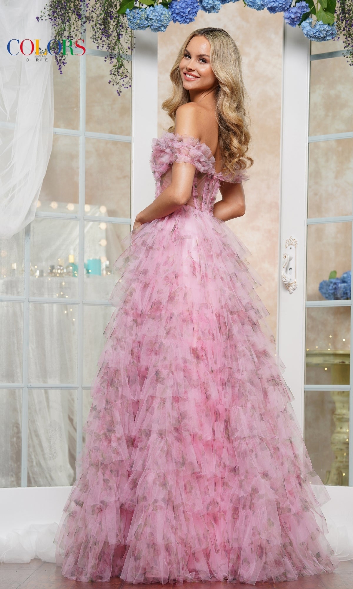Ruffled Floral-Print Prom Ball Gown: Colors Dress 3504