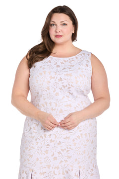 A woman with long brown hair wears the R&M Richards 3506W Plus Knee Length Party Dress and stands against a plain white background.