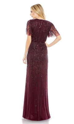 Woman wearing the Mac Duggal 35109 Flutter-Sleeve Long Formal Dress in dark burgundy, featuring beaded embellishments and short, sheer flutter sleeves, standing and facing away.