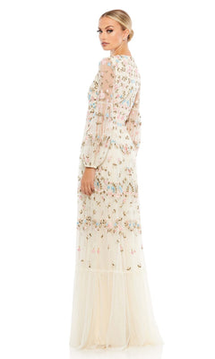 A woman stands against a white background, looking over her shoulder in the Long Formal Dress 35111 by Mac Duggal—a cream-colored, floral embroidered A-line gown with long sleeves and a fitted waist.
