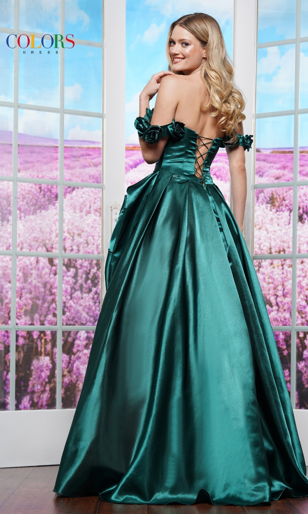 Open-Back Off-the-Shoulder Prom Dress with Rosettes– PromGirl