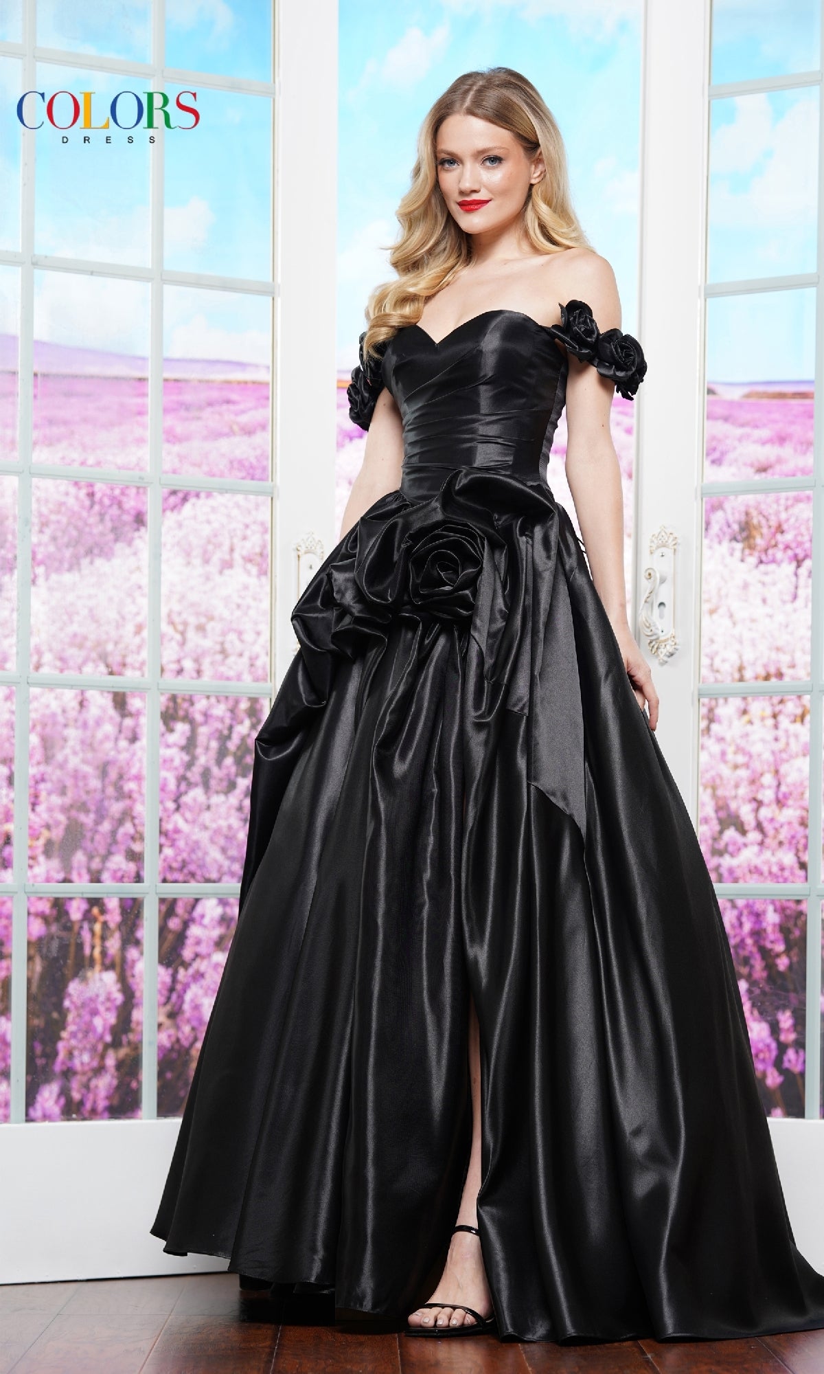 Open-Back Off-the-Shoulder Prom Dress with Rosettes PromGirl Open-Back Off-the-Shoulder Prom Dress with Rosettes PromGirl