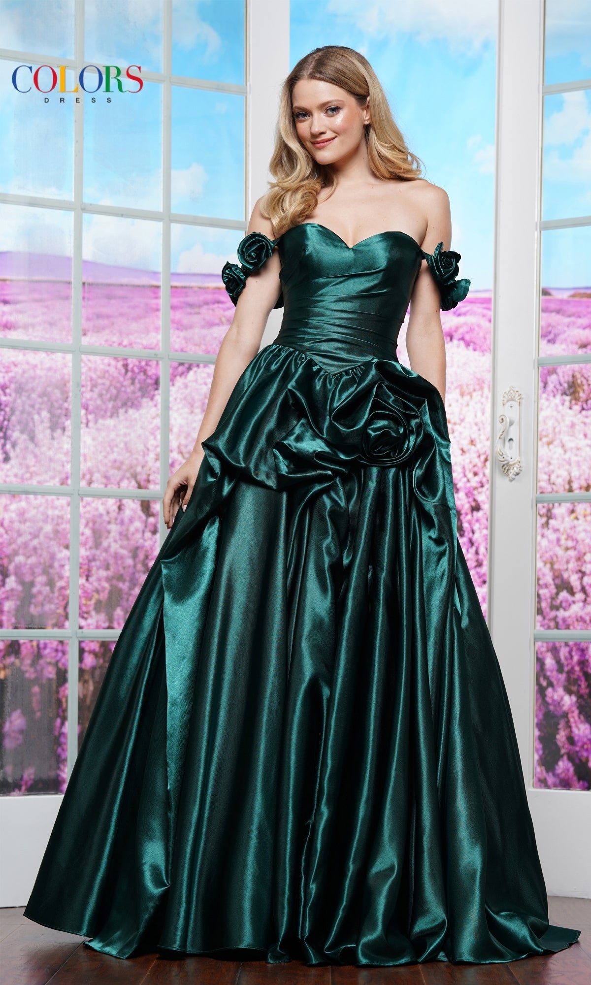 Open-Back Off-the-Shoulder Prom Dress with Rosettes– PromGirl