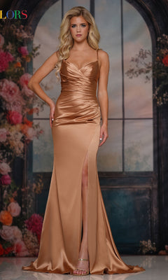 A woman wearing the Lace-Up Classic Long Prom Dress: Colors Dress 3530 stands in front of a floral and arched window backdrop.