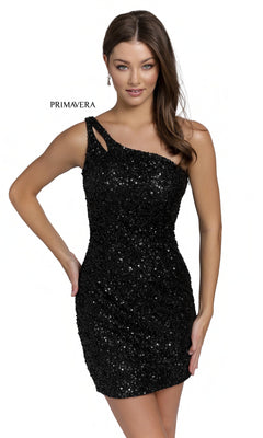 A woman models the One-Shoulder Short Sequin Homecoming Dress 3573, featuring a black, open-back design with cutout detail and sparkly sequins, set against a plain white background.