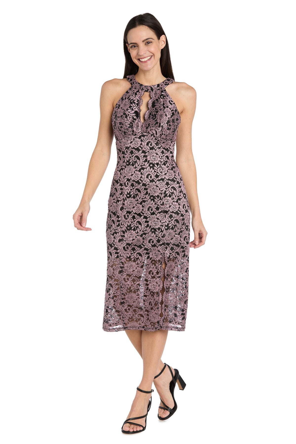 R & M Richards Women's Lace Two-Tone Halter Midi Dress - Mauve/Black - Size 12 R & M Richards Women's Lace Two-Tone Halter Midi Dress - Mauve/Black - Size 12