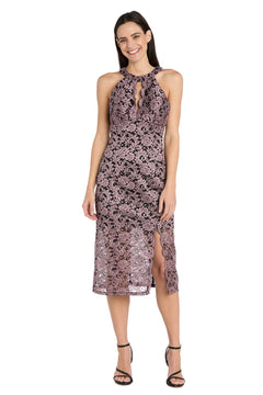 Mauve Knee-Length Lace Party Dress with High Neck– PromGirl