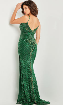 A woman in a green Beaded-Mesh Long V-Neck Prom Dress (Jovani 36643) with thin straps stands facing away, looking over her shoulder against a plain background.