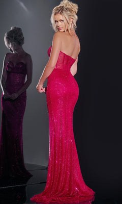 A woman in the Jovani 36684 long prom dress, featuring a strapless sweetheart neckline and bright pink sequins, stands facing away as her shimmering reflection appears in the mirror beside her.