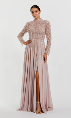 A woman wearing the Mac Duggal 37037 long formal dress in dusty rose, featuring sequin details and a front slit, stands against a plain white background.