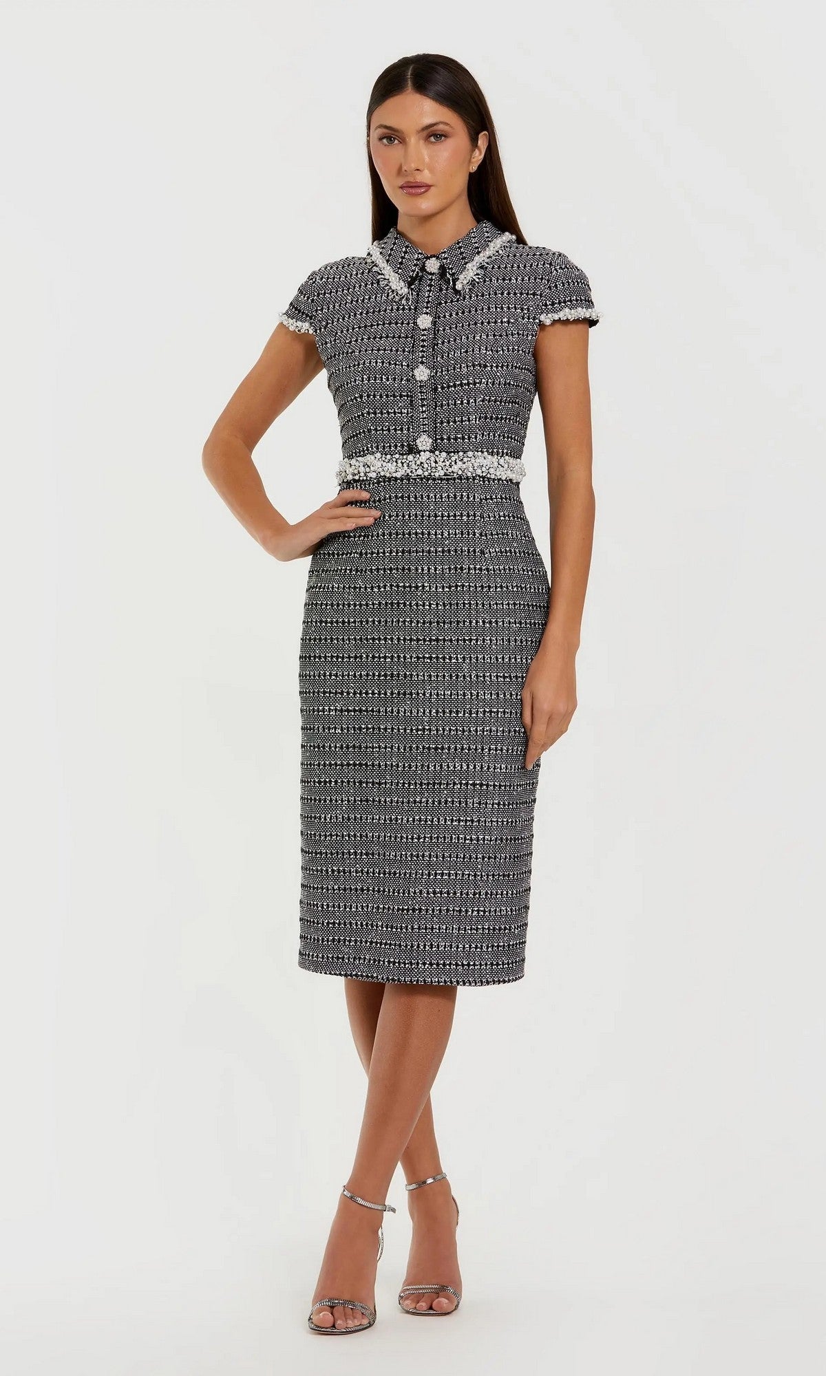 long sleeve semi formal dress Mac Duggal Women's Cap Sleeve Boucle Midi Dress