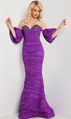 A woman poses against a plain white background, wearing the Long Prom Dress 37072 by Jovani—an off-the-shoulder purple gown with dramatic textured sleeves.