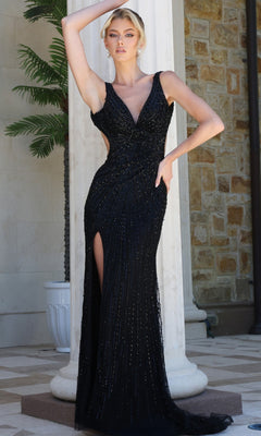 A woman wearing the Long Prom Dress 37081 by Jovani, a sleeveless black gown featuring an open back and high slit, poses in front of a column and stone wall.