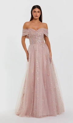 A woman wearing the Mac Duggal 37083 long formal dress in dusty rose, with a floor-length, off-the-shoulder design featuring a fitted bodice and shimmering sequin embellishments, stands against a plain white background, exuding timeless elegance.