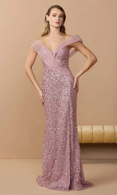 A woman stands against a beige background wearing the Mac Duggal 37085, a long formal, off-the-shoulder pink sequin couture evening gown.