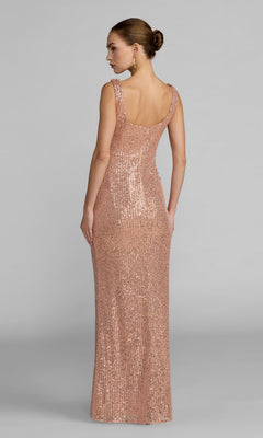 A woman is shown from behind, wearing the Mac Duggal 37104 long formal dress—a sleeveless, floor-length sequin gown with a scoop back—standing against a plain gray background.