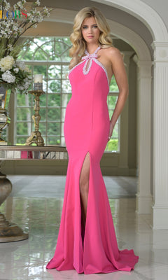 Open-Back Long Halter Prom Dress with Beaded Trim PromGirl Open-Back Long Halter Prom Dress with Beaded Trim PromGirl