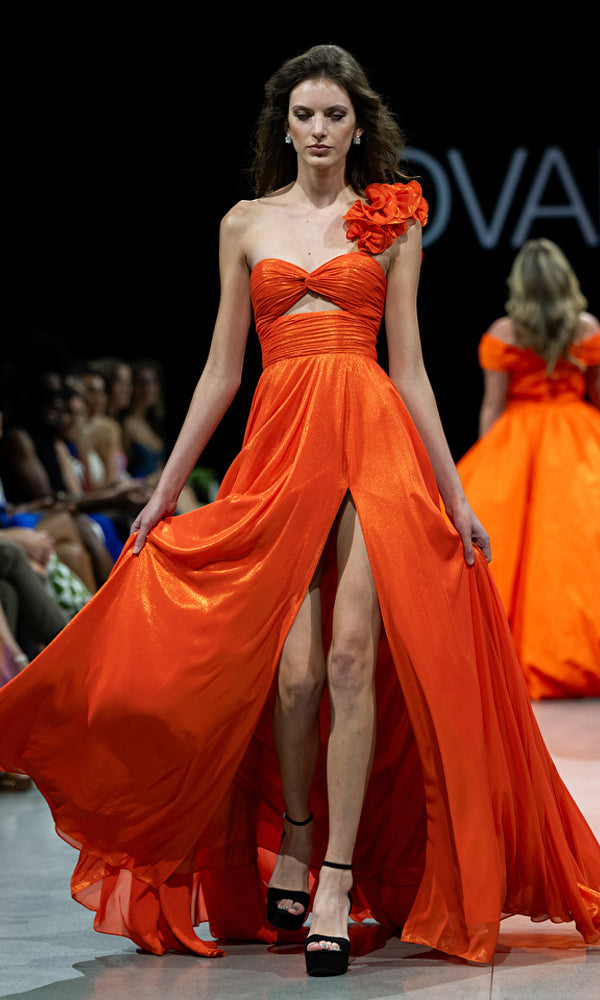 Long Metallic One-Shoulder Prom Dress with Cut Out Orange / 14 Long Metallic One-Shoulder Prom Dress with Cut Out Orange / 14