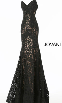 The Long Prom Dress 37334 by Jovani features black lace over a nude underlay in a strapless sweetheart mermaid silhouette, showcased on a plain white background with "JOVANI" to the right.