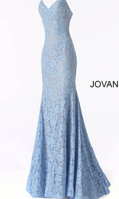 The Long Prom Dress 37334 by Jovani is a light blue, strapless formal dress with a sweetheart neckline, fitted bodice, floor-length flared hem, and slight train. Elegant lace design shown on a white background.