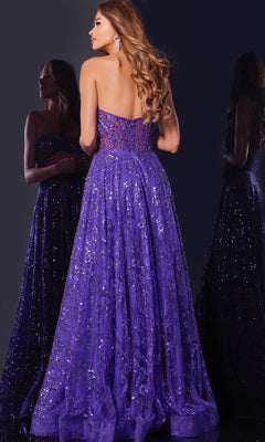 A woman with long wavy hair wears the Jovani 37413 long prom dress featuring sequins and a strapless corset bodice, standing before a mirror against a dark background.