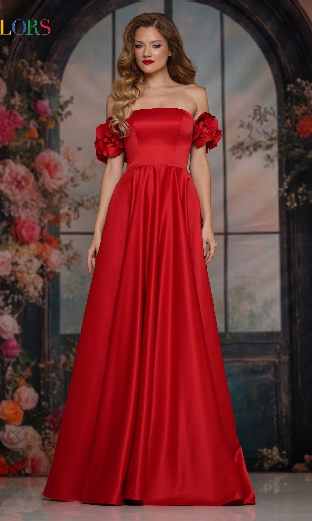 Lace-Up Long Satin Prom Dress with Off-Shoulder Straps– PromGirl