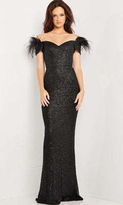 A woman stands against a plain white background wearing the Long Prom Dress 37562 by Jovani, featuring an off-the-shoulder fitted silhouette with sequin detailing and feathered sleeves.