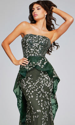 A woman poses in the Jovani 37599 long dark green formal dress, a strapless gown featuring silver floral embroidery.