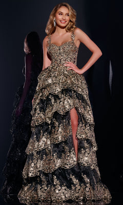 Tiered Long A-Line Prom Dress with Sequin Print– PromGirl