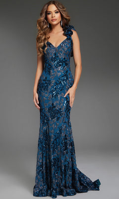 A woman poses against a plain gray background wearing the Jovani 37634 Long Prom Dress in slate—a fitted, floor-length mermaid gown with blue sequins, floral patterns, and a single shoulder strap.