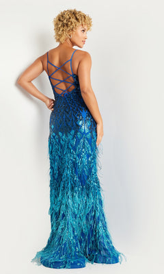 A woman faces away, showcasing the crisscross back of the elegant Jovani 37678 long prom dress—a floor-length, blue sequin gown with peacock-inspired feather details and a v-neckline.