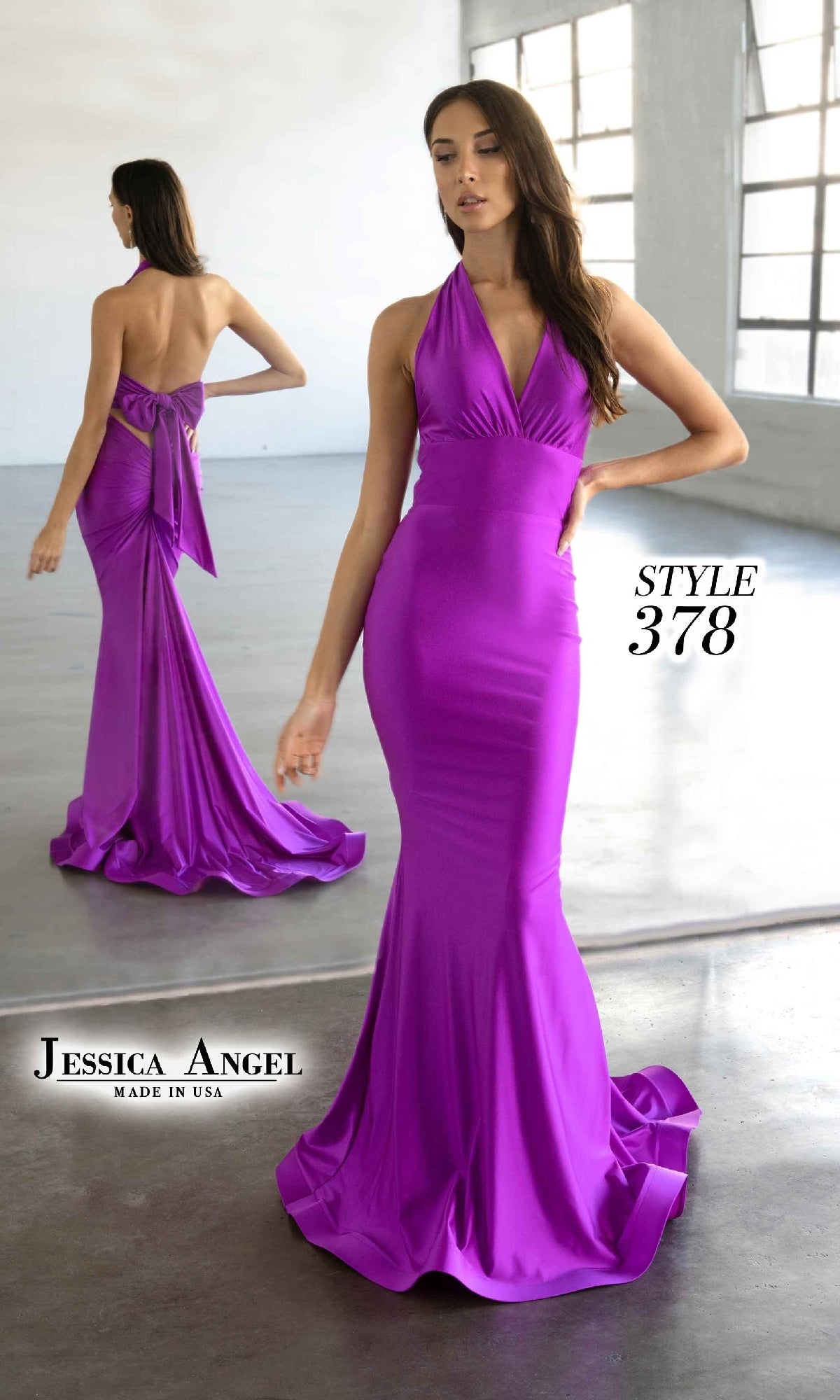 A woman wears the Jessica Angel 378 Back Bow Long Halter Prom Dress, a sleeveless, form-fitting, floor-length purple mermaid gown. The image shows both front and back views. Text reads 