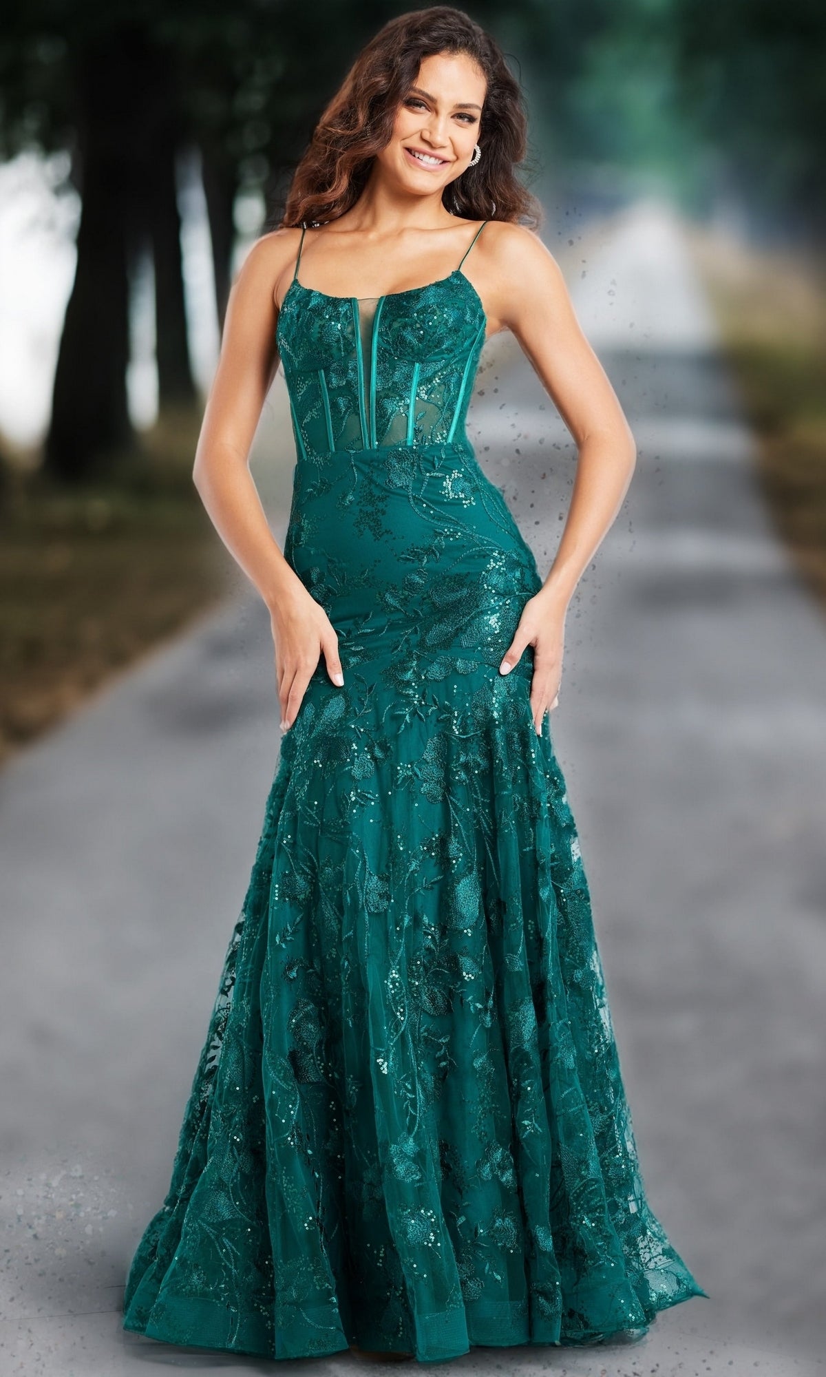 Embroidered-Lace Long Mermaid Prom Dress with Corset Dark Green / 10 Embroidered-Lace Long Mermaid Prom Dress with Corset Dark Green / 10