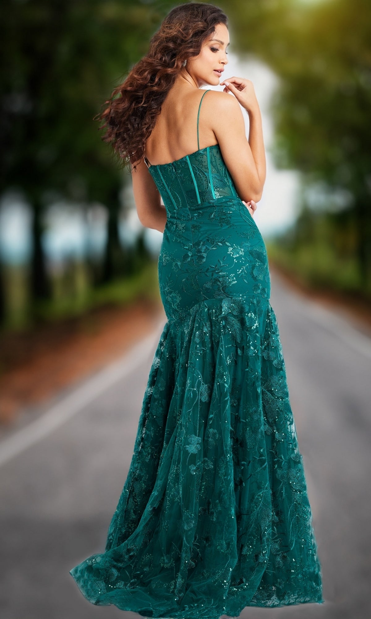 knee length dresses for ladies Embroidered-Lace Long Mermaid Prom Dress with Corset Dark Green / 10