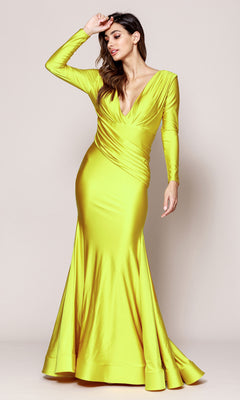 A woman models the Amelia Couture 381 Long Sleeve Sleek Formal Dress, featuring a bright yellow hue, deep V-neckline, ruched details, and a flowing mermaid skirt.